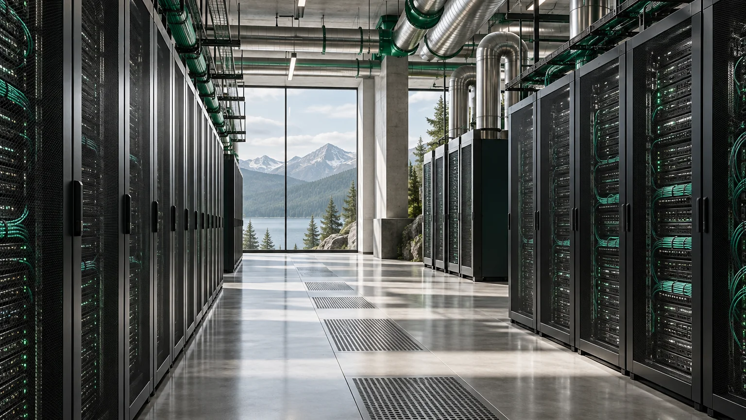 Conceptual datacenter interior with server racks, cooling ducts and fiber connections
