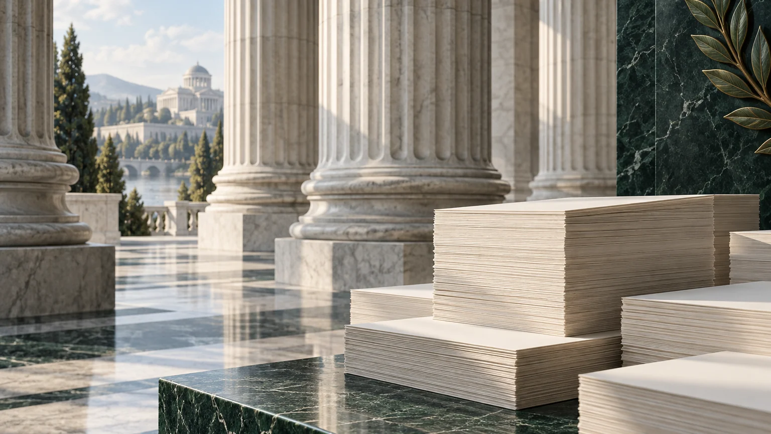 Treasury-inspired stone columns and archival paper illustrating sovereign debt