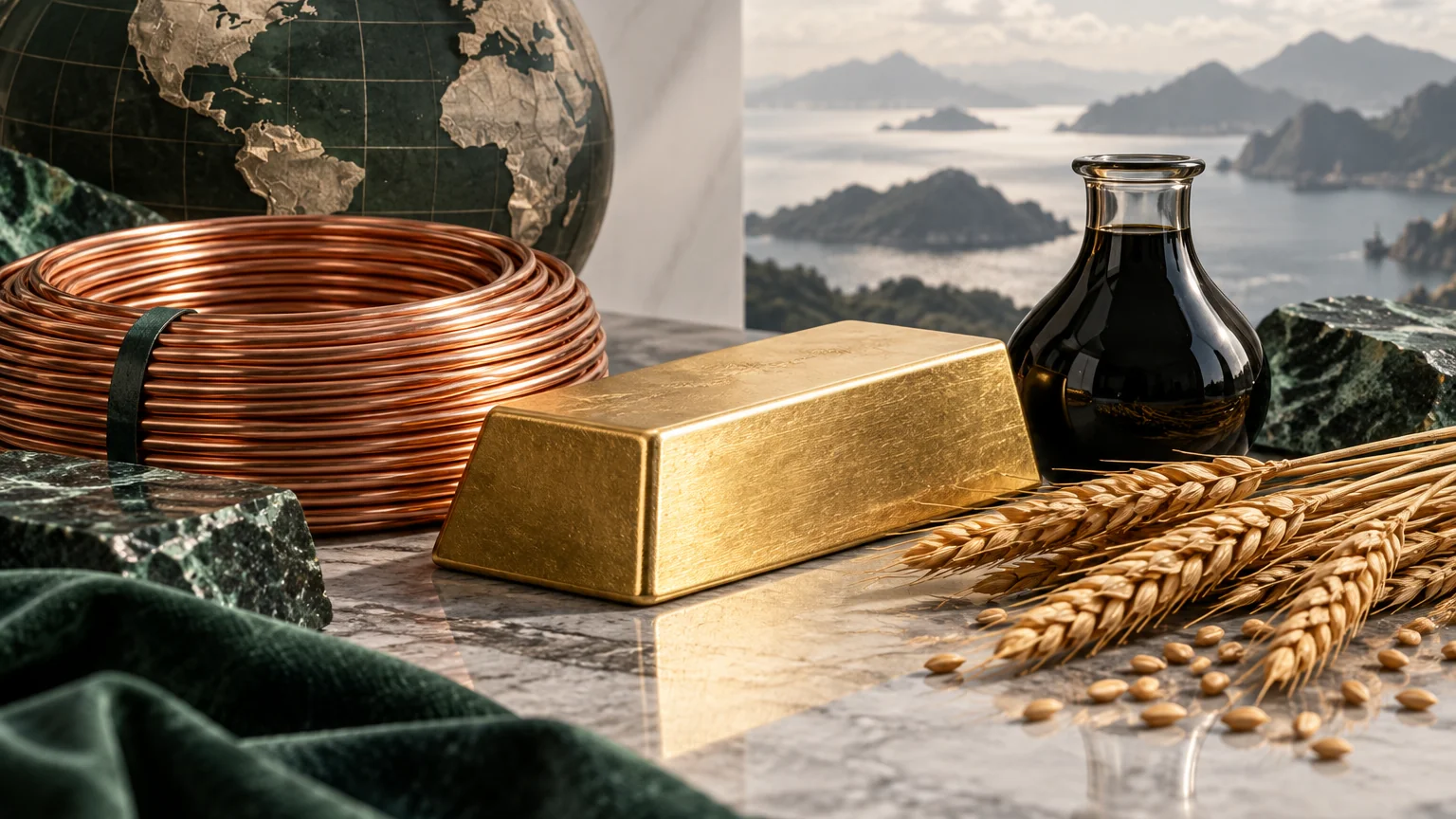 Copper, gold, wheat and an oil vessel illustrating commodity markets