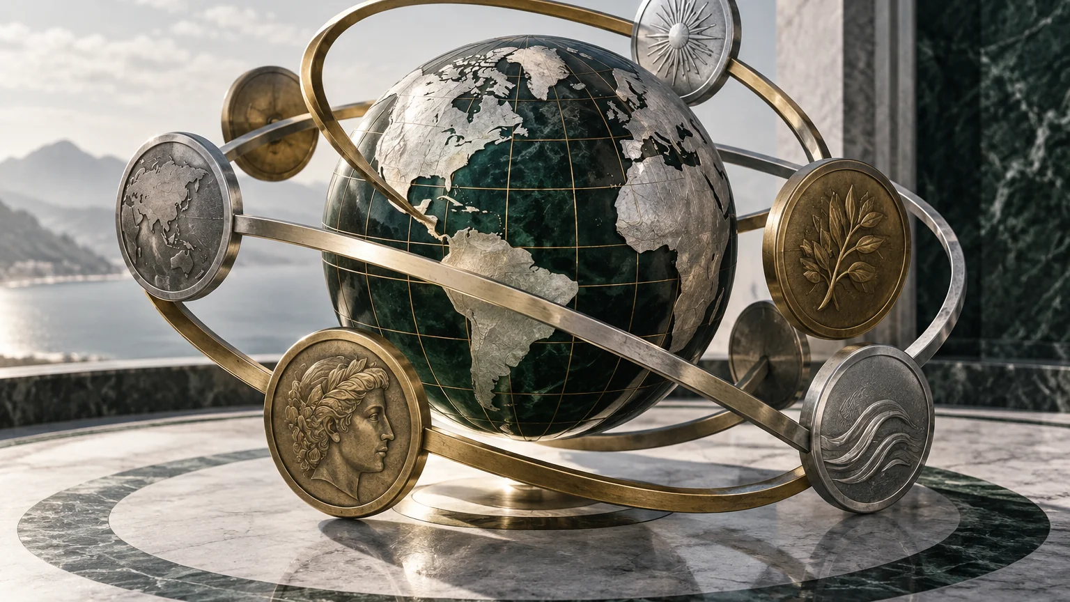 Sculptural metallic forms and globe lines illustrating currency relationships