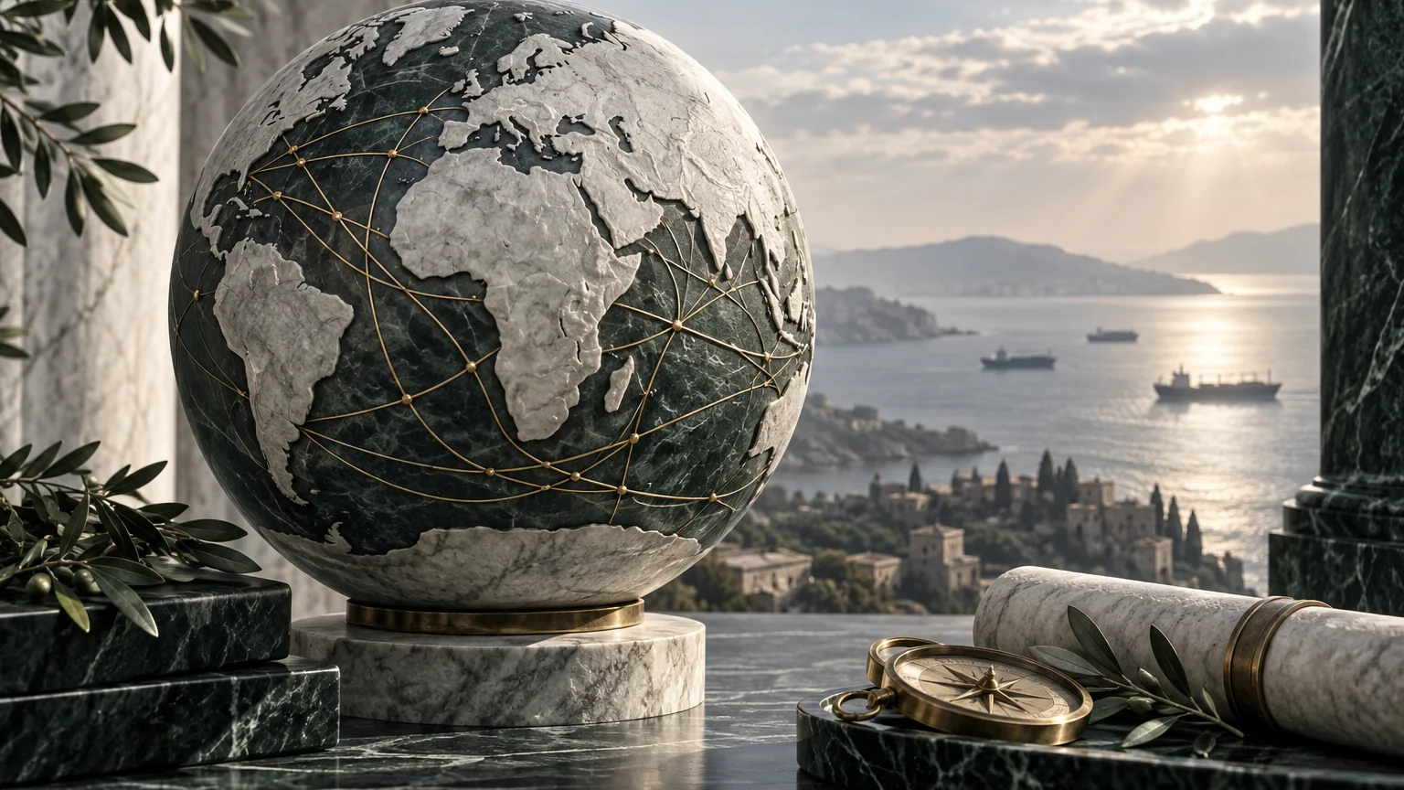 Geopolitics and global trade connections — conceptual editorial illustration