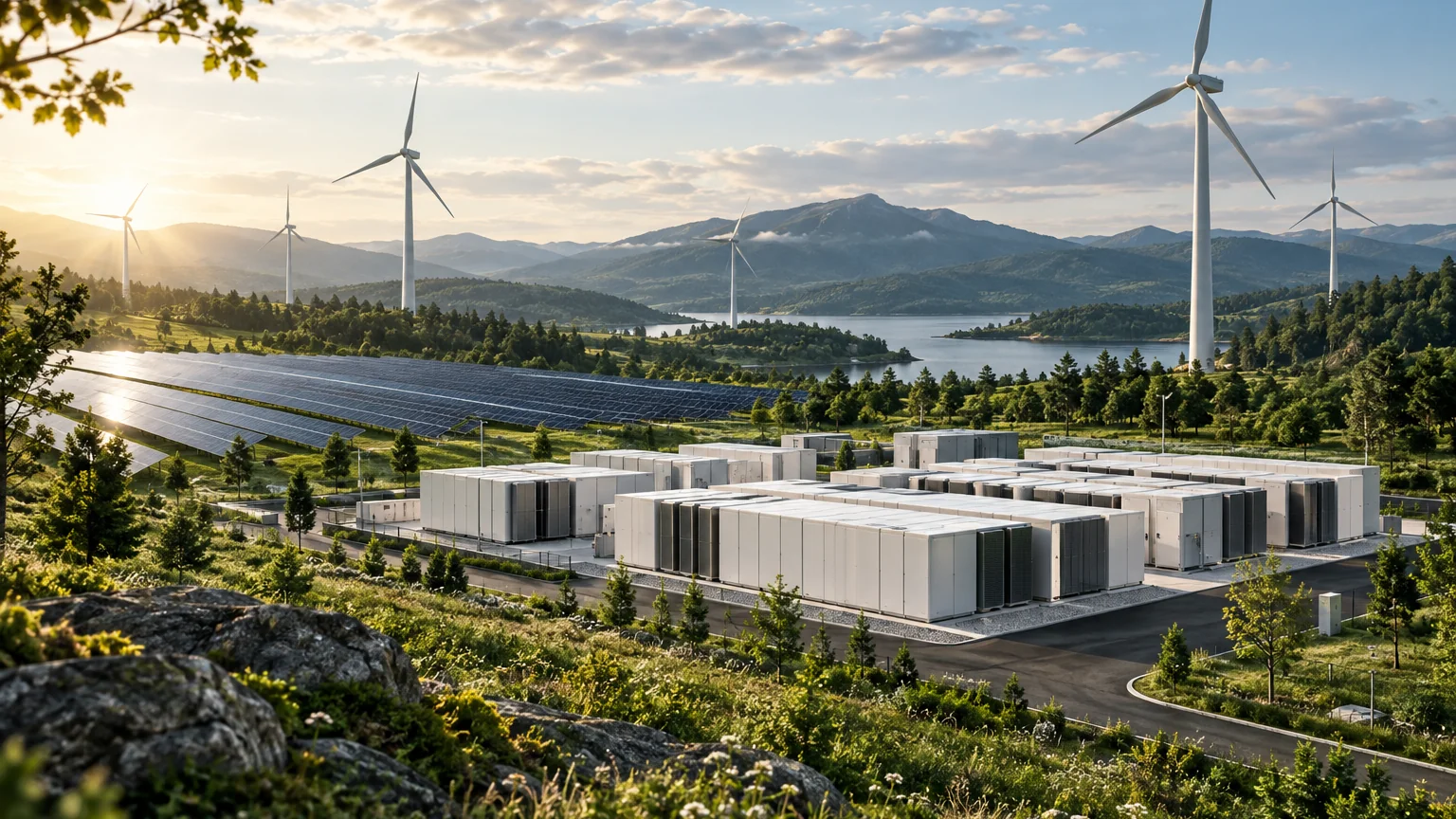 Renewable energy and battery storage — conceptual editorial illustration