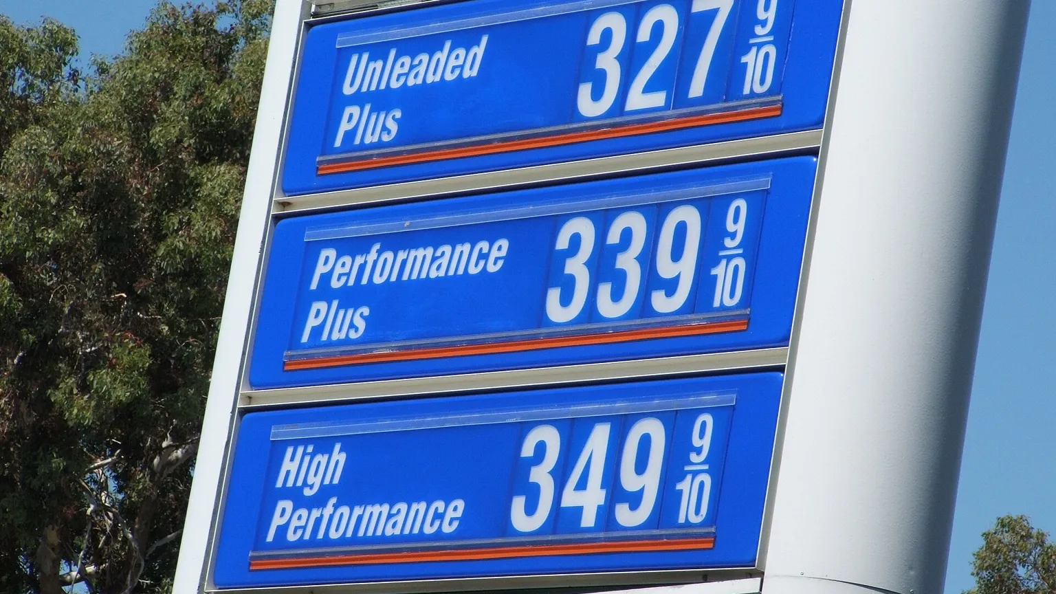 Gas station price sign showing fuel prices