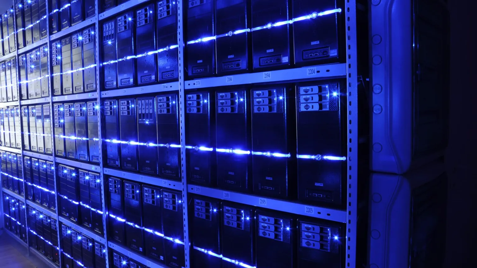 AI illustration: Rows of servers in a data center