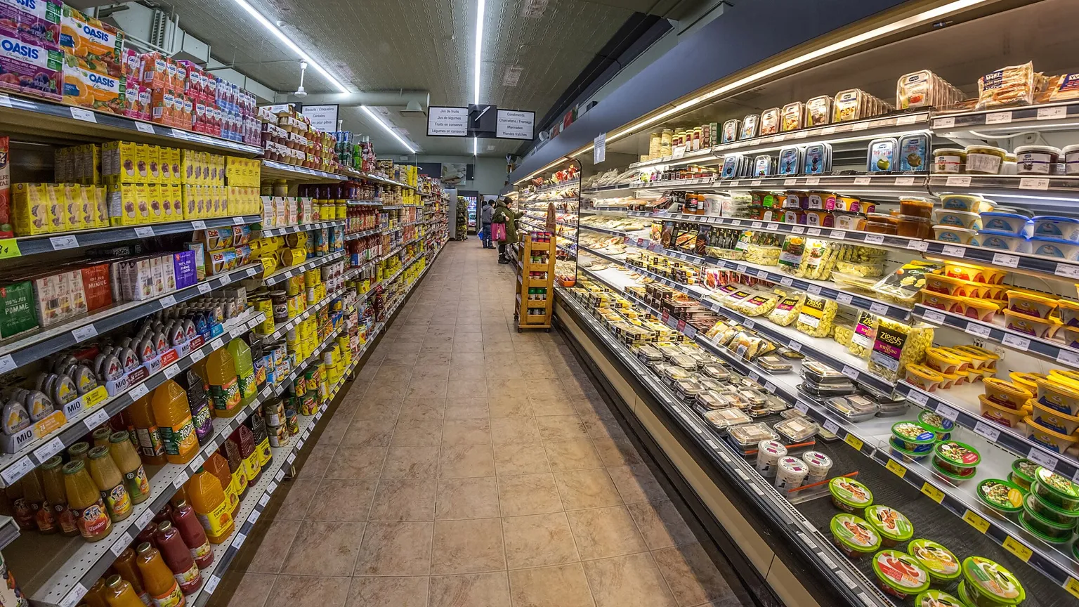 Supermarket aisle with packaged goods