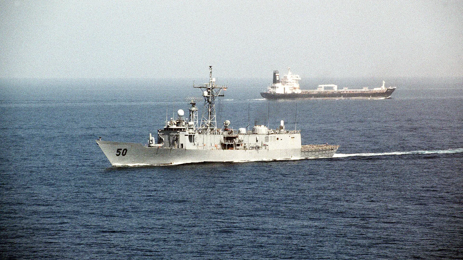 A tanker sailing through open water in the Gulf region