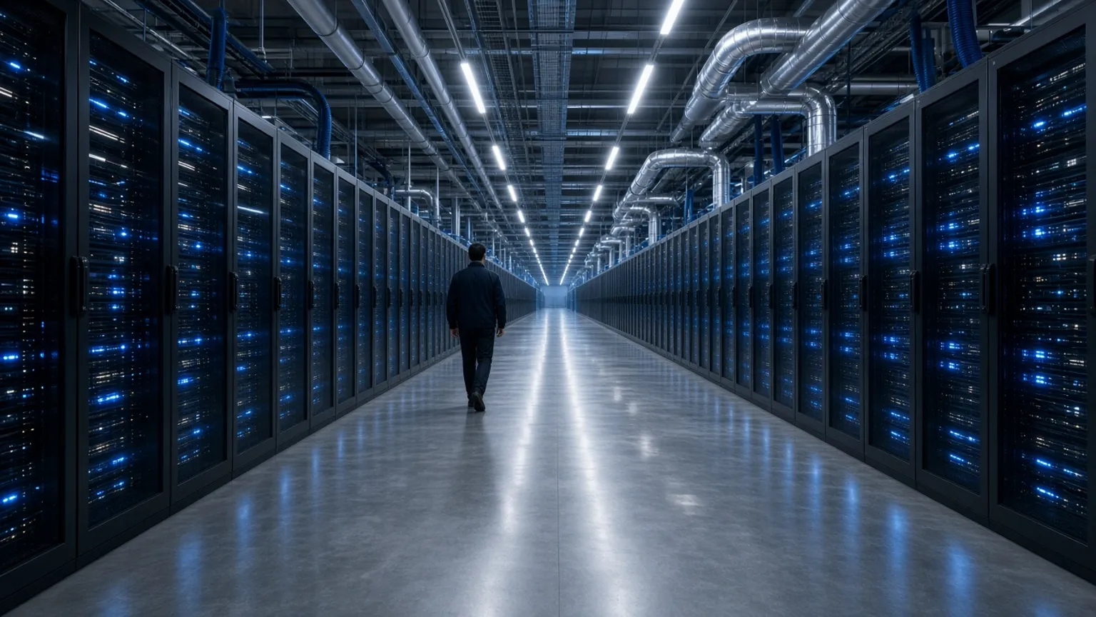AI-generated image of a long data-centre hall lined with glowing server racks