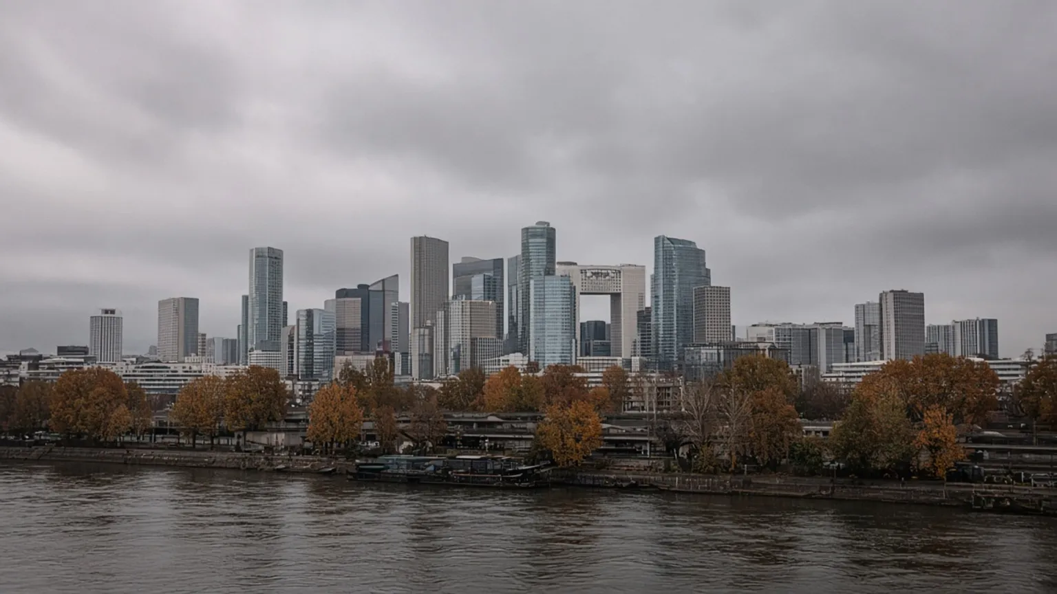 AI-generated image of the La Défense business district in Paris under an overcast sky