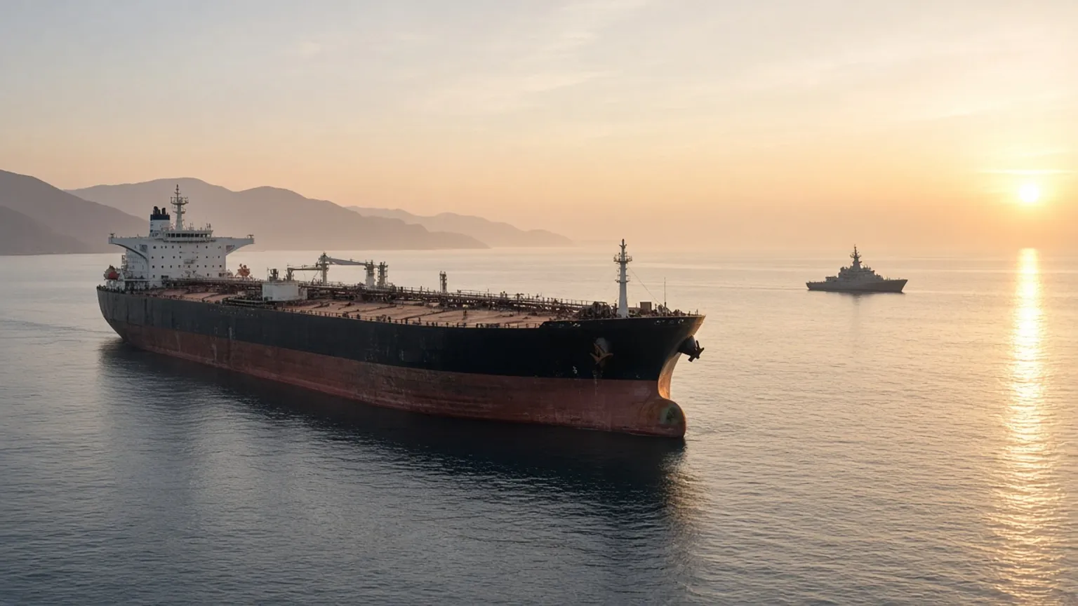 AI-generated image of a crude oil tanker in a gulf strait at sunrise with a naval ship behind