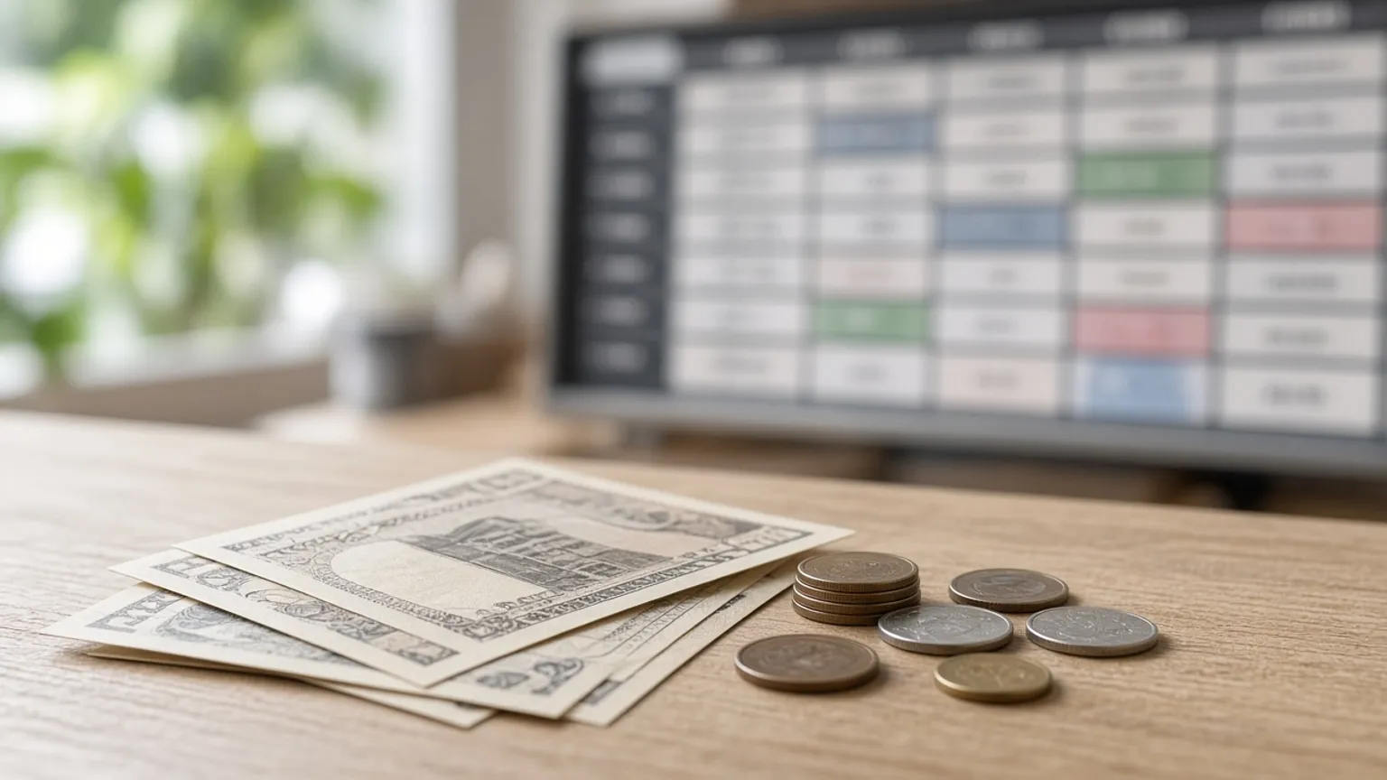 AI-generated image of banknotes and coins on a desk with a blurred exchange-rate board behind
