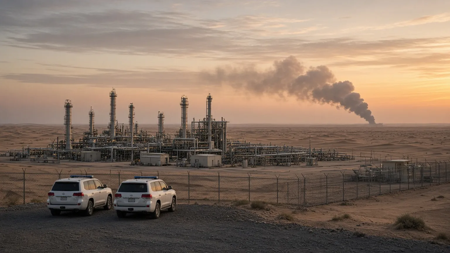 AI-generated image of a desert oil processing plant with smoke on the horizon