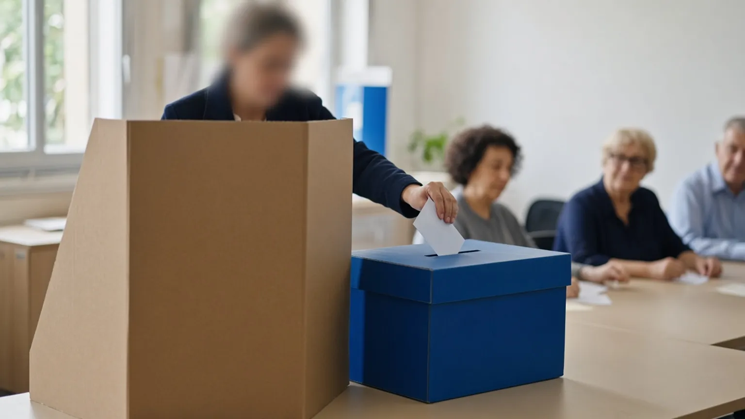AI-generated image of a voter placing a ballot in a blue ballot box