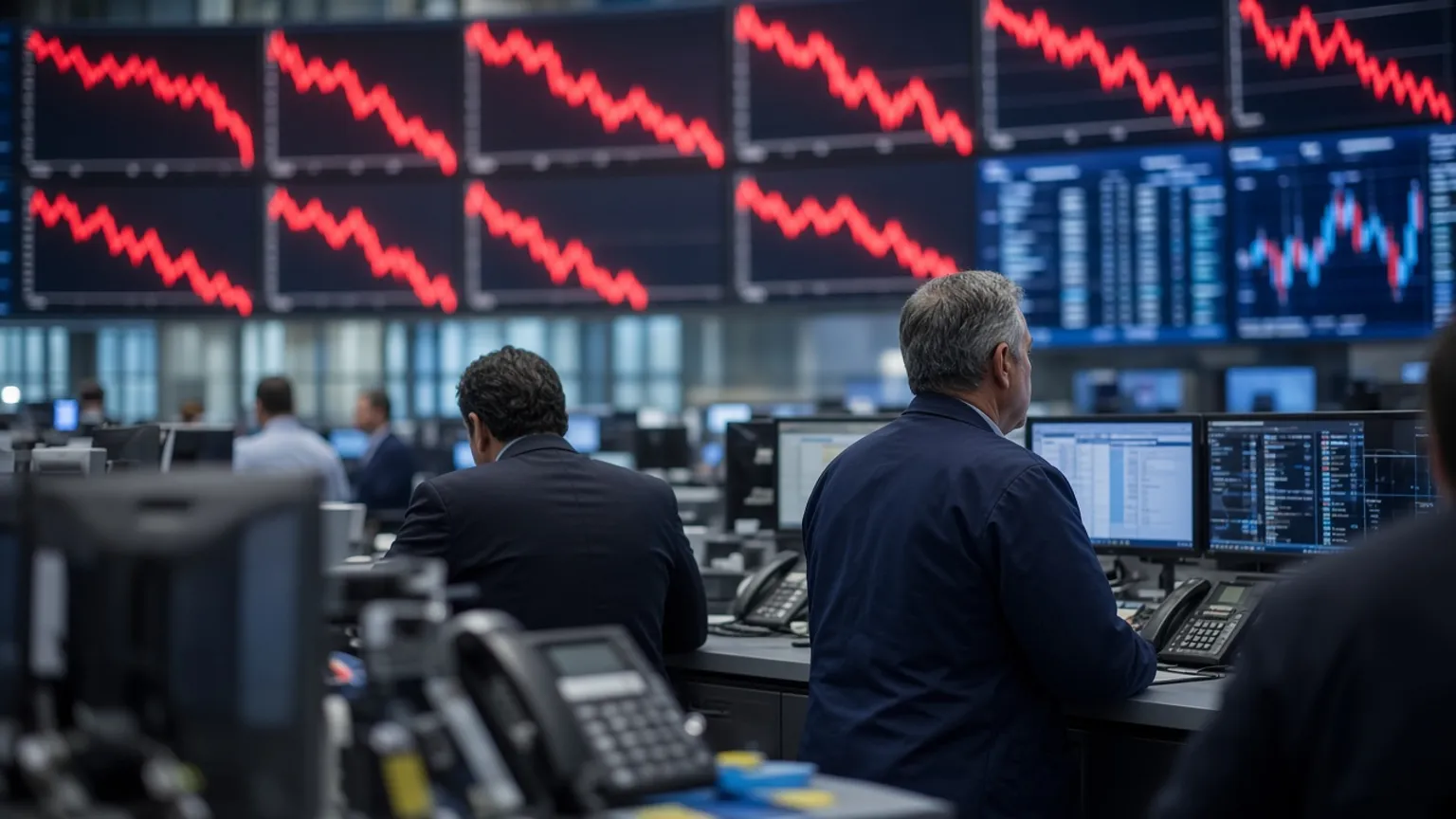 AI-generated image of traders watching screens of falling stock charts