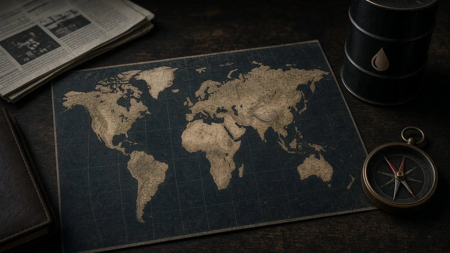 AI-generated image of a world map, a compass and documents on a desk