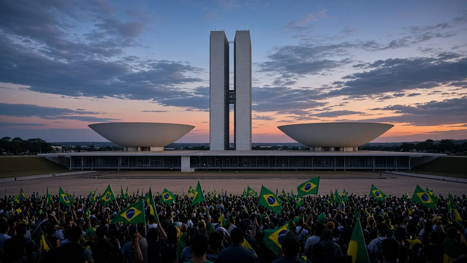 AI-generated image of a Brazilian city square with green and yellow flags at dusk