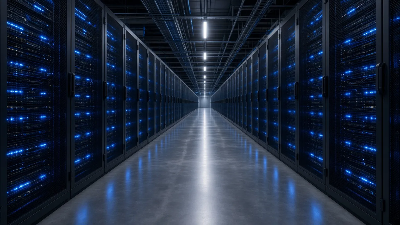 AI-generated image of a long corridor of server racks in a data centre