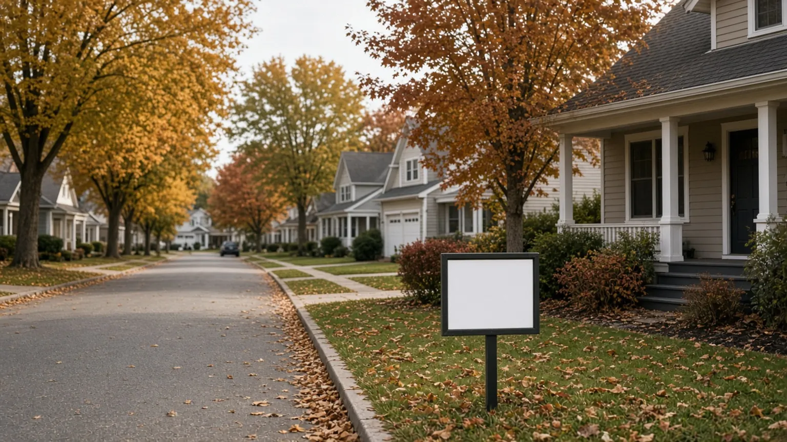 AI-generated image of a suburban American street with a blank for-sale sign in autumn