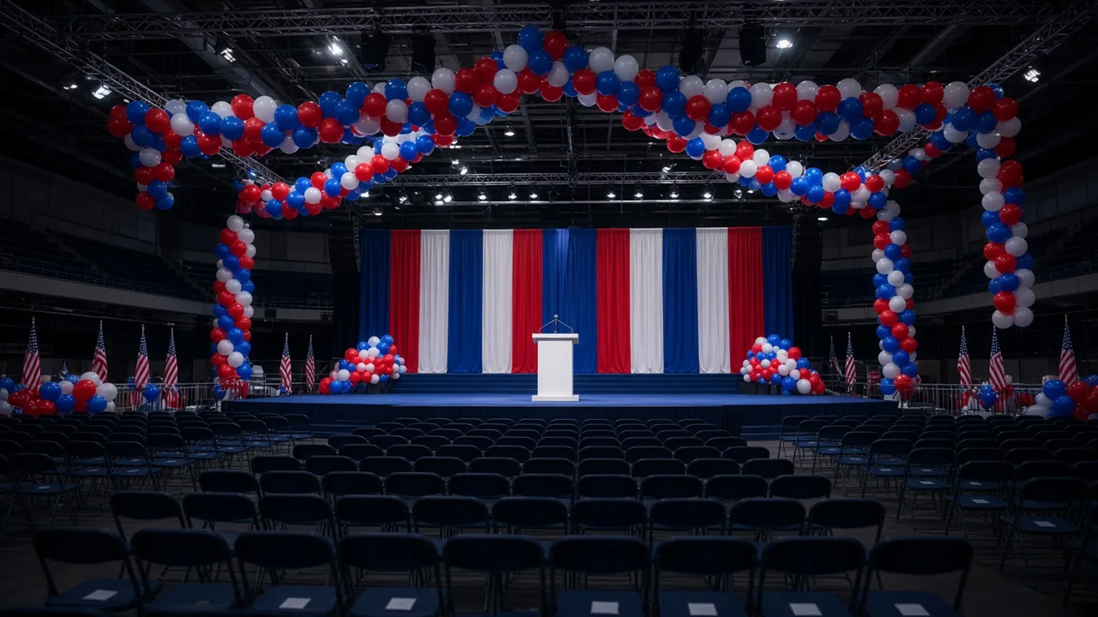 AI-generated image of an empty campaign rally hall with red, white and blue balloons