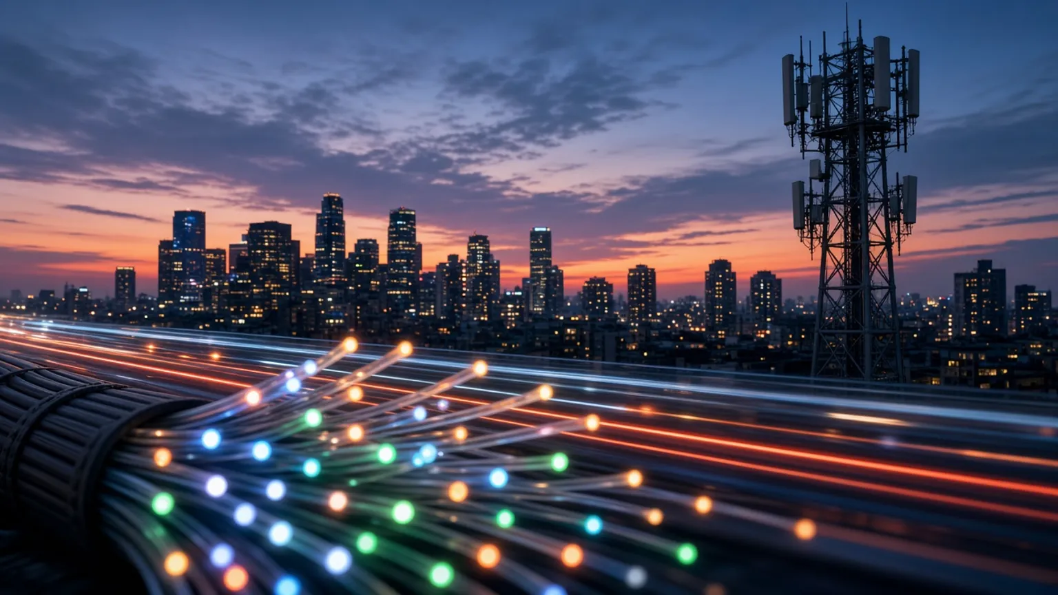 AI-generated image of fibre optic cables and a telecom tower against a city skyline at dusk