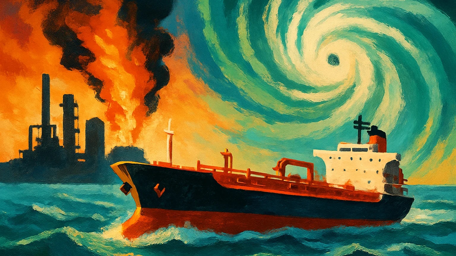 AI illustration: Brent Jumps 4% to $104 as Tanker Attacks and a Gulf Hurricane Threaten Supply — unique editorial hero, Commodities desk