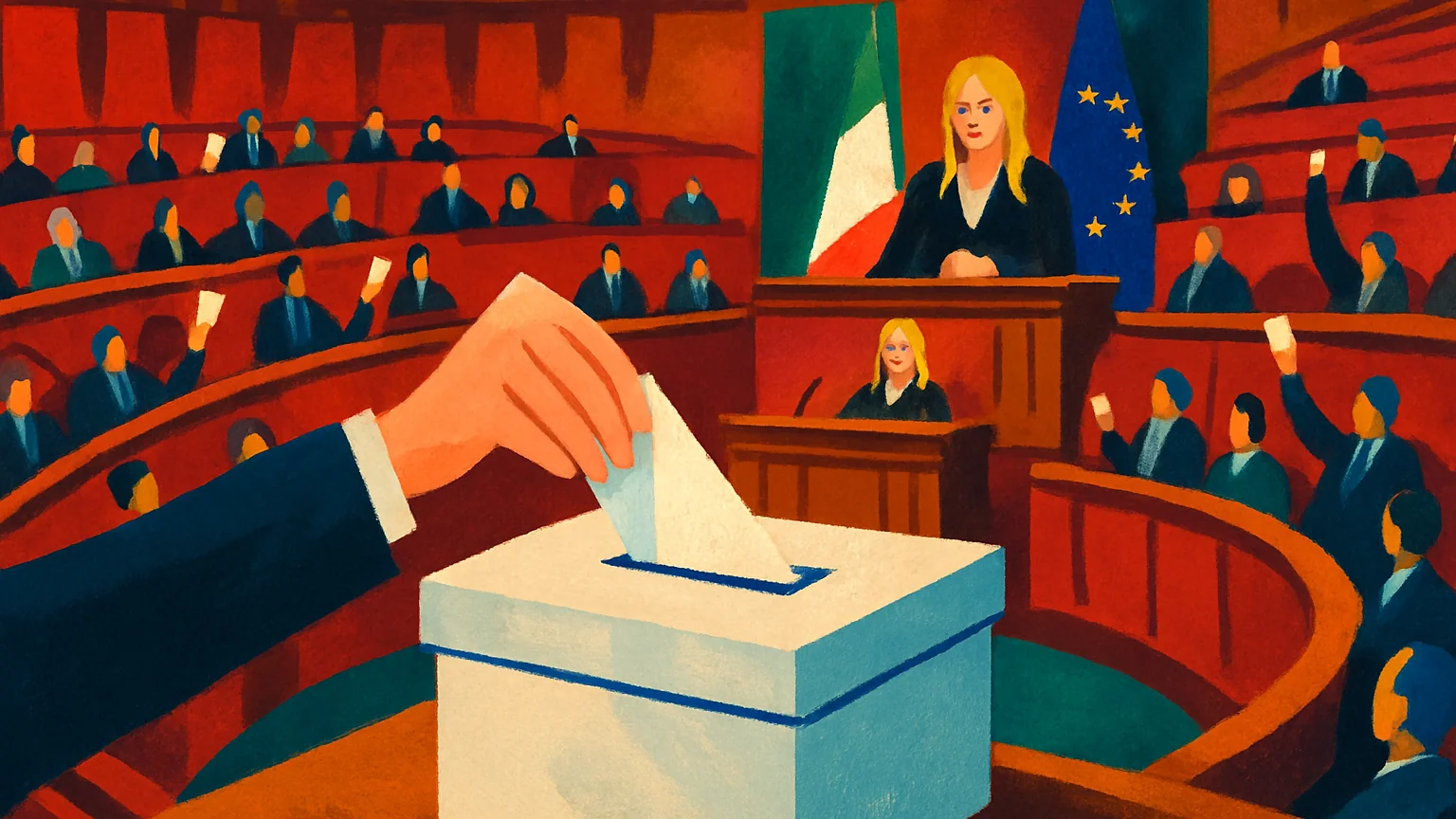 AI illustration: Italy's Parliament Passes Meloni's Electoral Reform in Confidence Vote — unique editorial hero, Politics desk