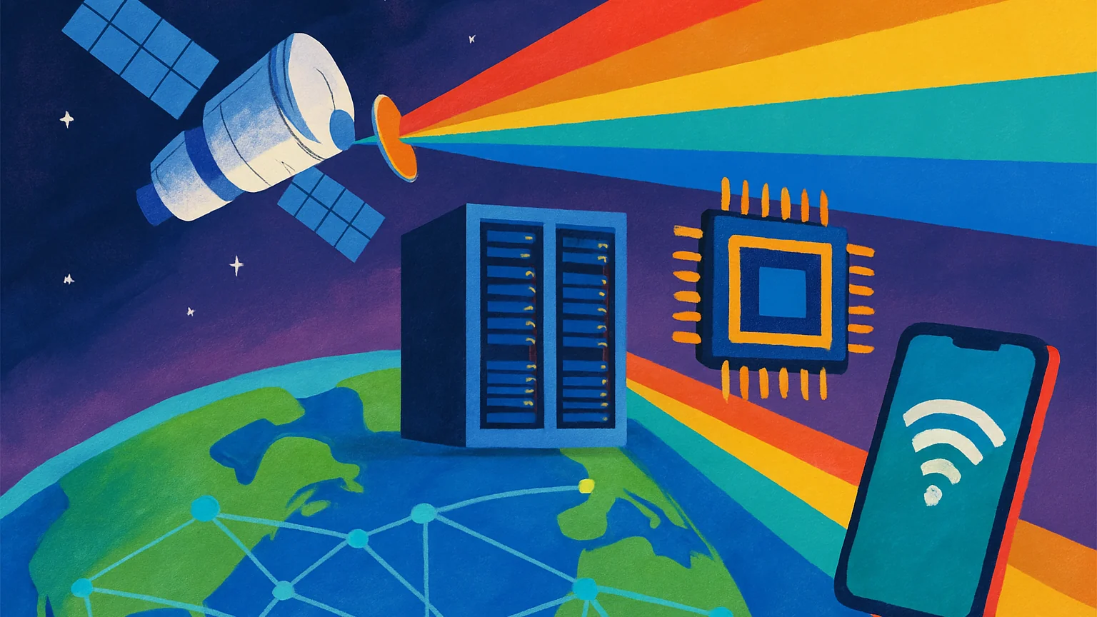 AI illustration: SpaceX Buys 800 MHz Spectrum to Turn Starlink Into a US Mobile Carrier — unique editorial hero, Technology desk
