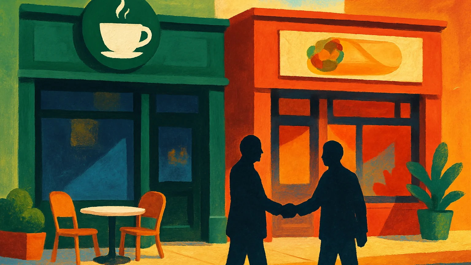 AI illustration: Starbucks Explored a Takeover of Chipotle, FT Reports, Sending Chipotle Shares Higher — unique editorial hero, Industries desk