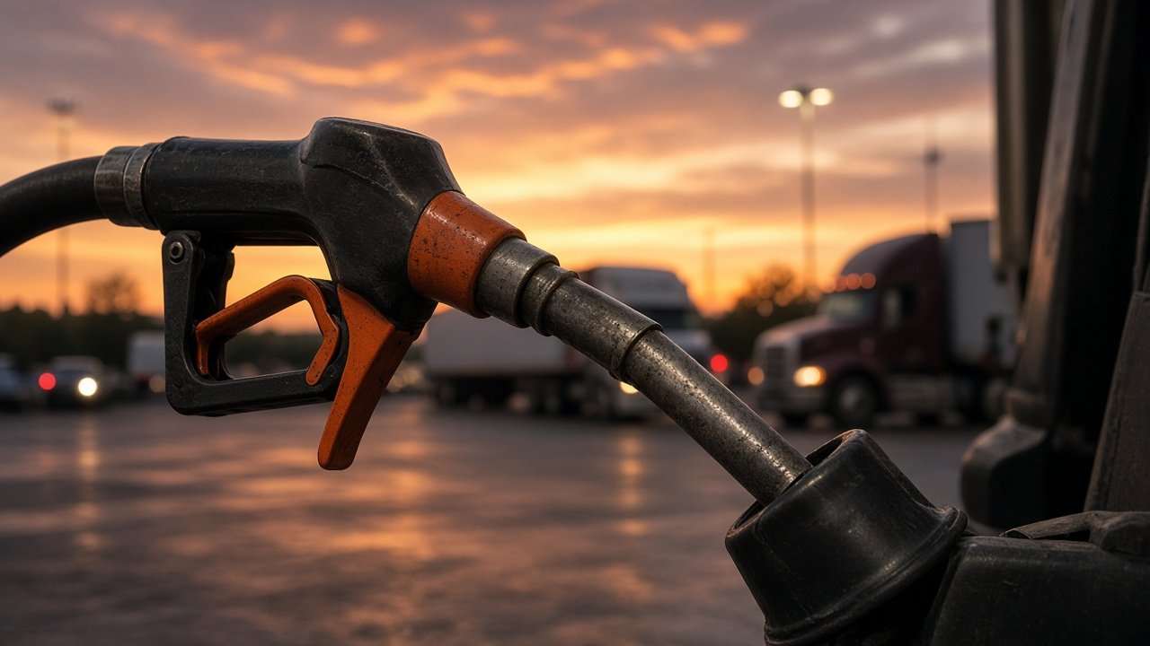 Diesel fuel nozzle at a truck stop pump at dusk