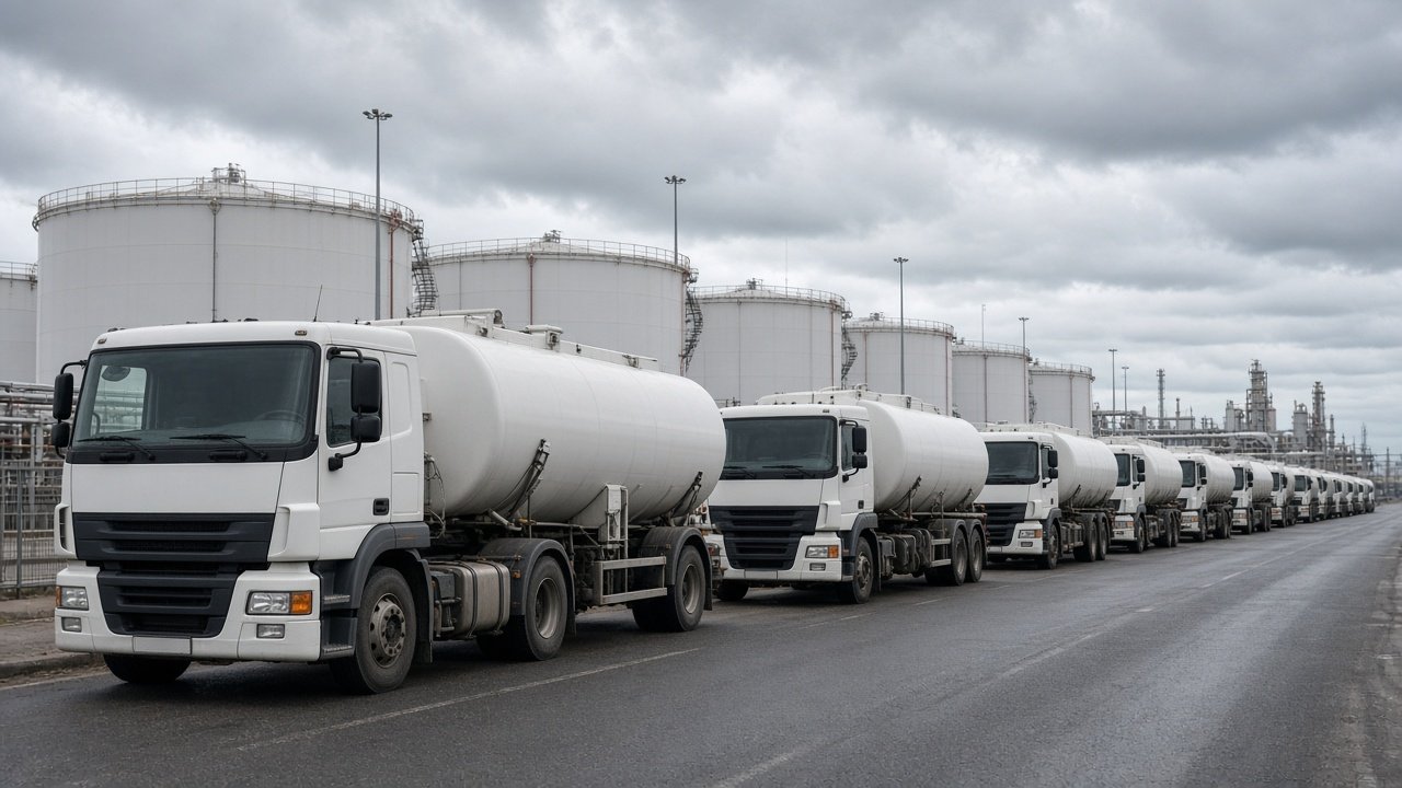 Fuel tanker trucks lined up at a storage terminal under an overcast sky
