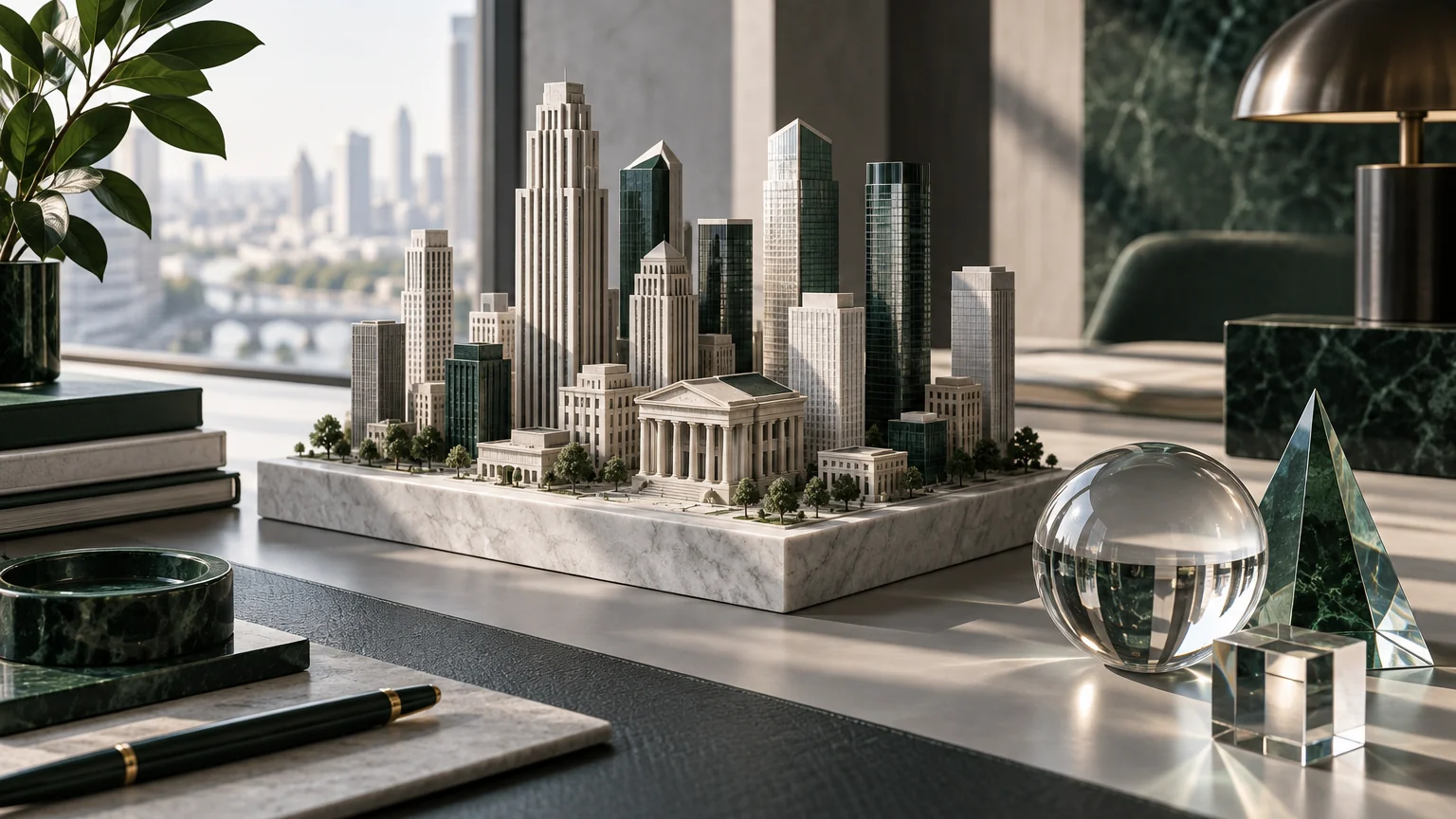 Architectural model of a financial district with glass forms on an analyst desk